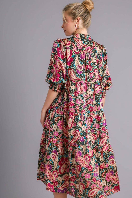 Umgee Full Size Paisley Print Satin Tiered Midi Dress Plus Size - Shop Style & More | Fresh Looks, Everyday Deals & Free Shipping