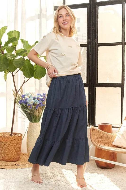 ADORA Waist Band Tiered Denim Maxi Skirt - Shop Style & More | Fresh Looks, Everyday Deals & Free Shipping