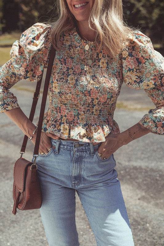 Floral Print Bubble Sleeve Ruffled Crop Top - Shop Style & More | Fresh Looks, Everyday Deals & Free Shipping