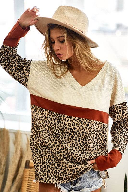 BiBi Waffle Knit Leopard Color Block V-Neck Top - Shop Style & More | Fresh Looks, Everyday Deals & Free Shipping