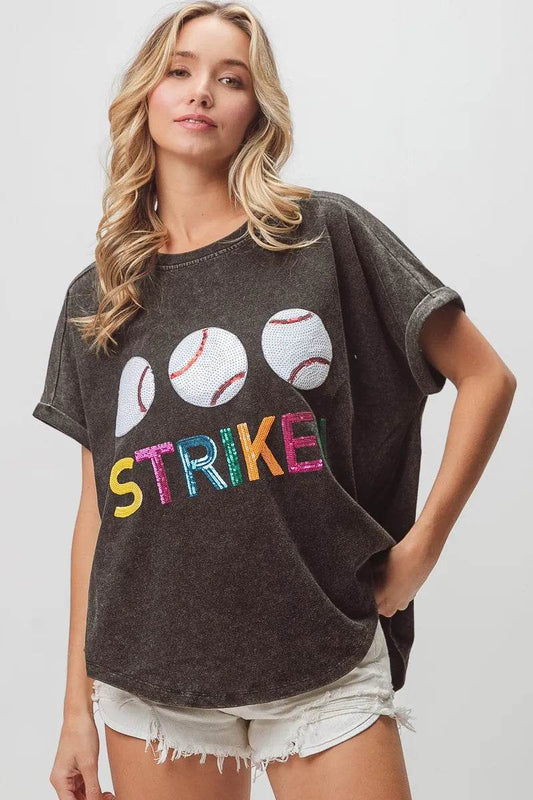 BiBi Sequin Baseballs Strike Washed Short Sleeve Top - Shop Style & More | Fresh Looks, Everyday Deals & Free Shipping