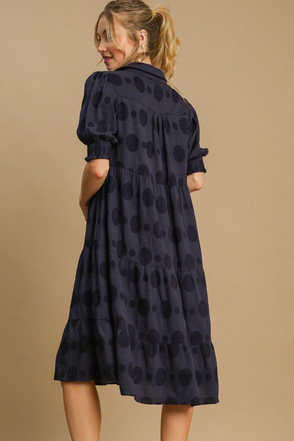 Umgee Full Size Swiss Dot Jacquard Tiered Midi Dress Plus Size - Shop Style & More | Fresh Looks, Everyday Deals & Free Shipping