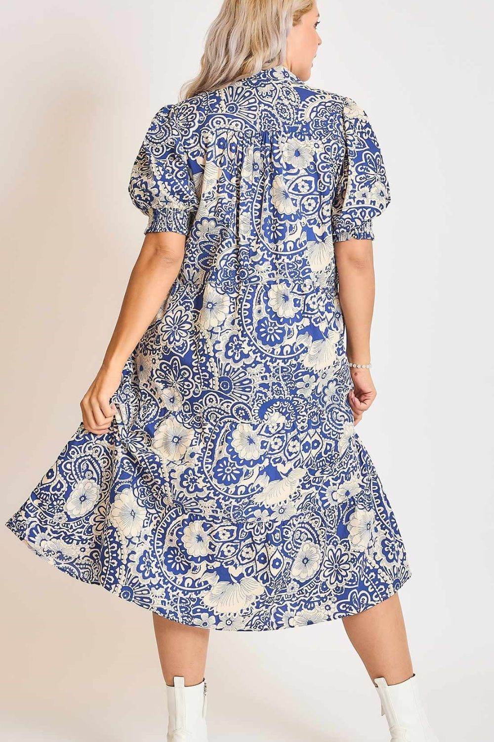 Umgee Full Size Printed Smocked Cuff Puff Sleeve Midi Dress Plus Size - Shop Style & More | Fresh Looks, Everyday Deals & Free Shipping