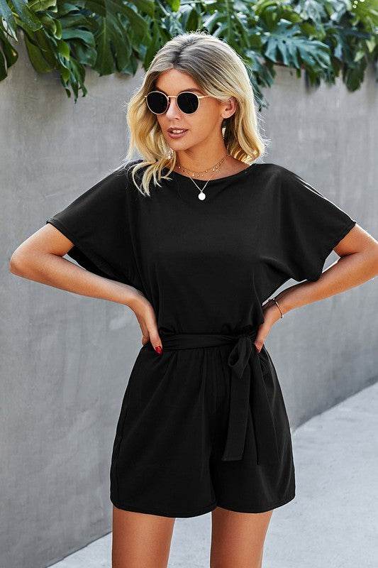 Boat Neck Short Sleeve Waist Tie Loose Romper - Shop Style & More | Fresh Looks, Everyday Deals & Free Shipping