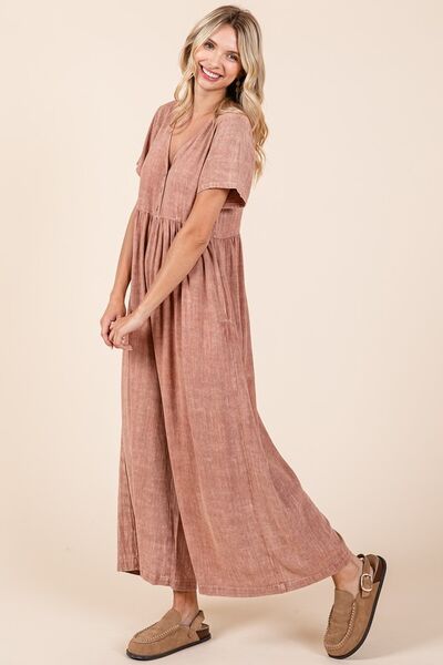Mittoshop Mineral Wash Jumpsuit - Short Sleeve Flowy Wide Leg Design Jumpsuits