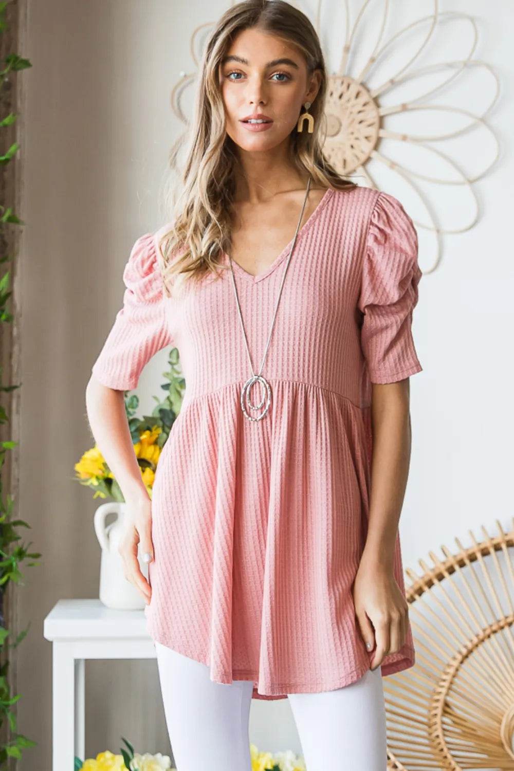 Heimish Full Size Waffle Knit V-Neck Babydoll Top - Shop Style & More | Fresh Looks, Everyday Deals & Free Shipping