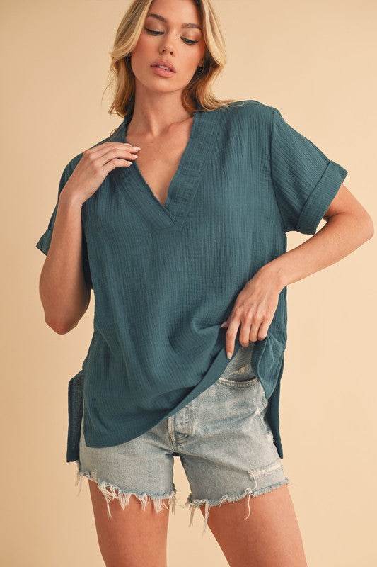 Aemi + Co Side Slit V-Neck Short Sleeve Blouse - Shop Style & More | Fresh Looks, Everyday Deals & Free Shipping