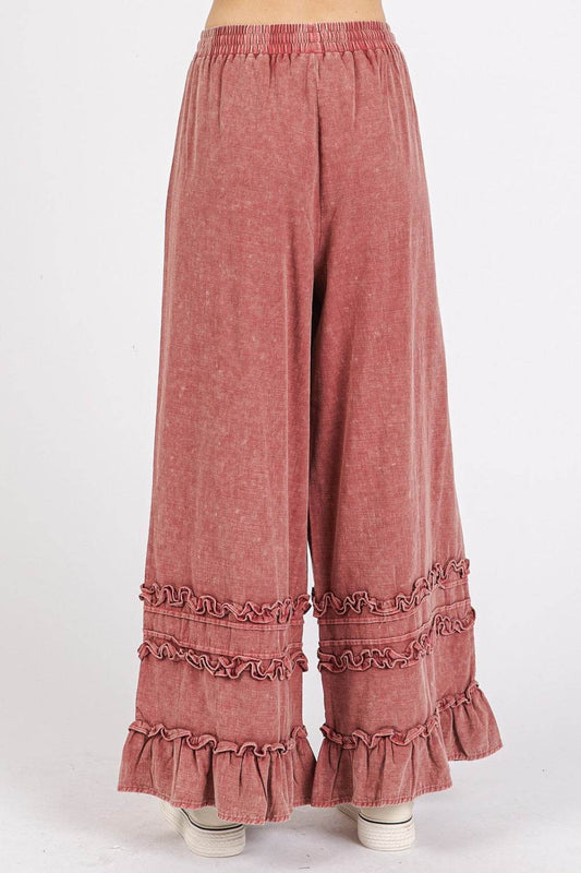 Mittoshop Ruffle Trim Pocket Mineral Wash Wide Leg Pants - Shop Style & More | Fresh Looks, Everyday Deals & Free Shipping