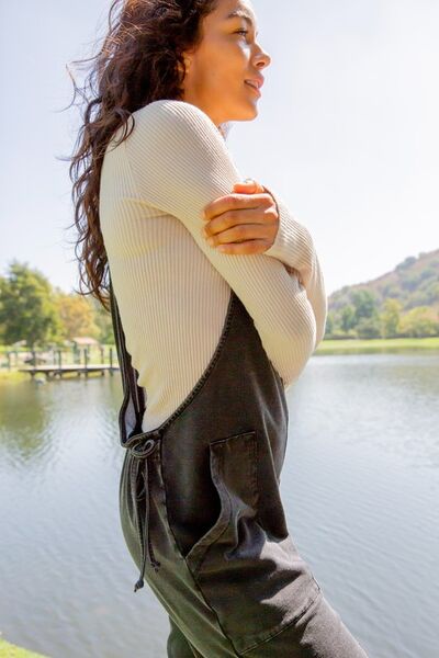 Mono B Drawstring Waist Spaghetti Strap Overalls with Pockets Jumpsuits