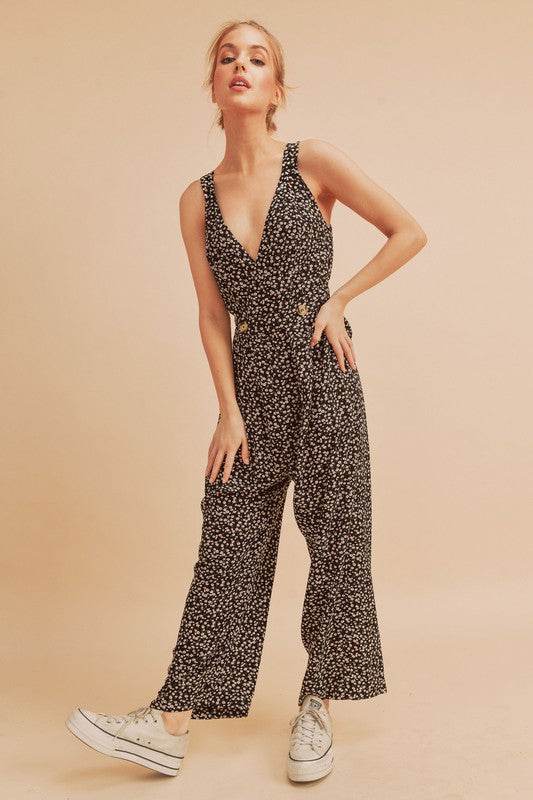 Aemi + Co Ditsy Floral Surplice Sleeveless Wide Leg Jumpsuit - Shop Style & More | Fresh Looks, Everyday Deals & Free Shipping