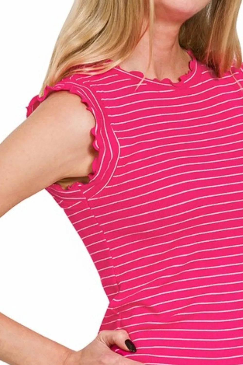 Zenana Ribbed Ruffle Trim Sleeveless Stripe Top - Shop Style & More | Fresh Looks, Everyday Deals & Free Shipping