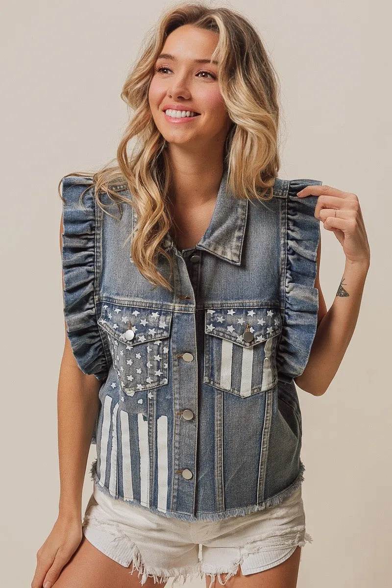 BiBi American Flag Washed Denim Jacket - Shop Style & More | Fresh Looks, Everyday Deals & Free Shipping
