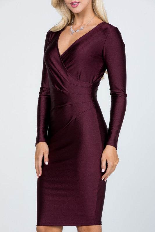 long sleeve shiny tricot overlap midi dress - Shop Style & More | Fresh Looks, Everyday Deals & Free Shipping