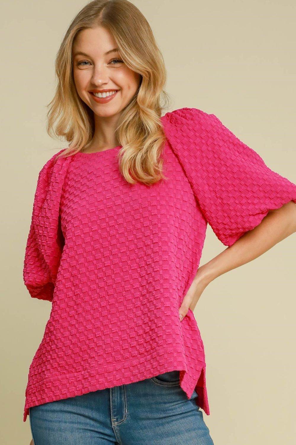 Umgee Full Size Boxy Cut Jacquard Round Neck Top with Side Slit Plus Size - Shop Style & More | Fresh Looks, Everyday Deals & Free Shipping