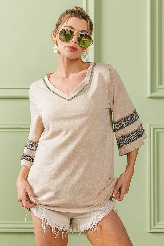 BiBi Triblend Knit Top with Leopard Band Detail - Shop Style & More | Fresh Looks, Everyday Deals & Free Shipping