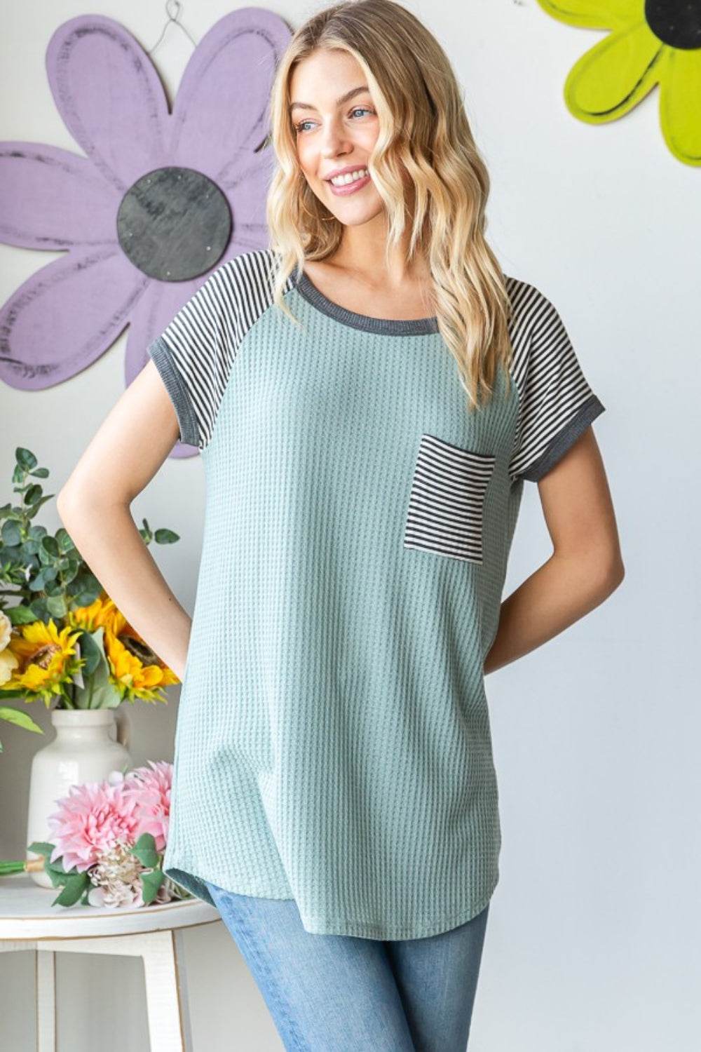 Heimish Full Size Striped Short Sleeve Waffle T-Shirt - Shop Style & More | Fresh Looks, Everyday Deals & Free Shipping