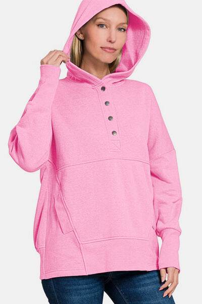 Zenana Half Snap Long Sleeve Hoodie with Kangaroo Pocket - Shop Style & More | Fresh Looks, Everyday Deals & Free Shipping