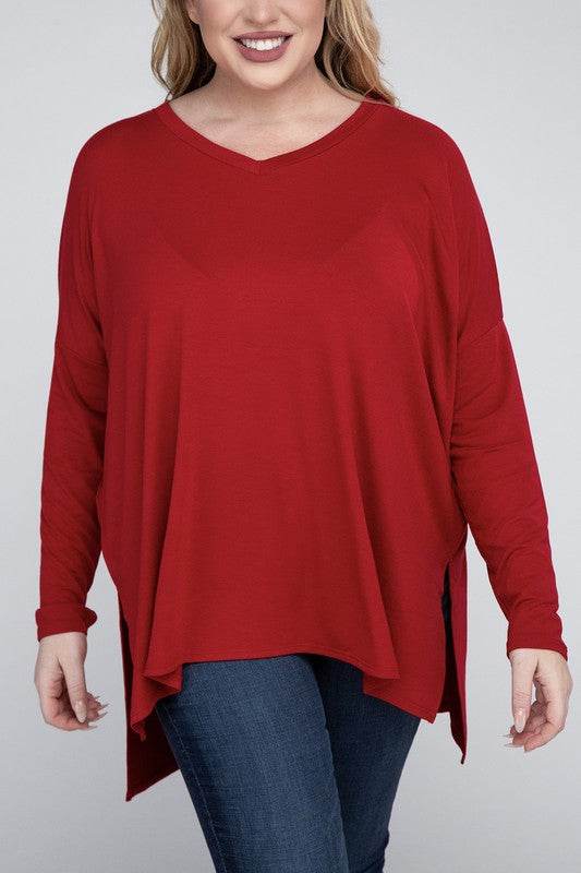 Plus Dolman Sleeve V-Neck Side Slit Hi-Low Hem Top - Shop Style & More | Fresh Looks, Everyday Deals & Free Shipping