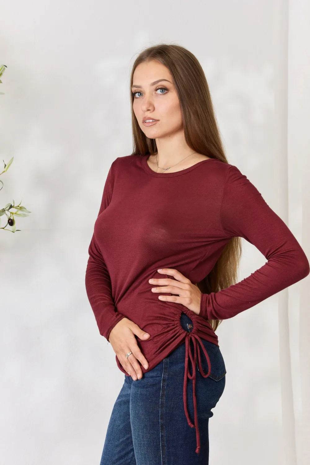 Culture Code Full Size Drawstring Round Neck Long Sleeve Top - Shop Style & More | Fresh Looks, Everyday Deals & Free Shipping