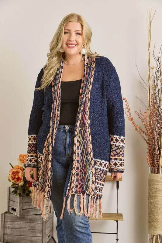 ADORA Full Size Fringe Hem Aztec Border Cardigan Plus Size - Shop Style & More | Fresh Looks, Everyday Deals & Free Shipping
