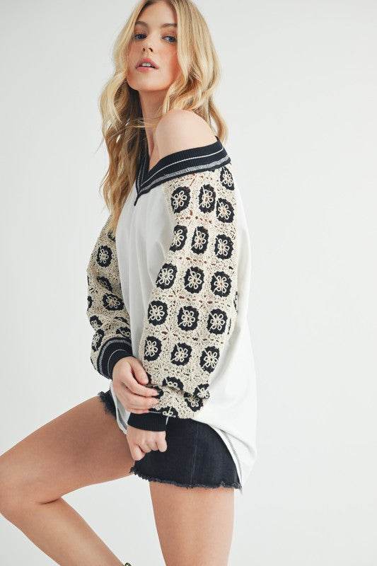 Aemi+Co Crochet Contrast Stitching V Neck Top - Shop Style & More | Fresh Looks, Everyday Deals & Free Shipping