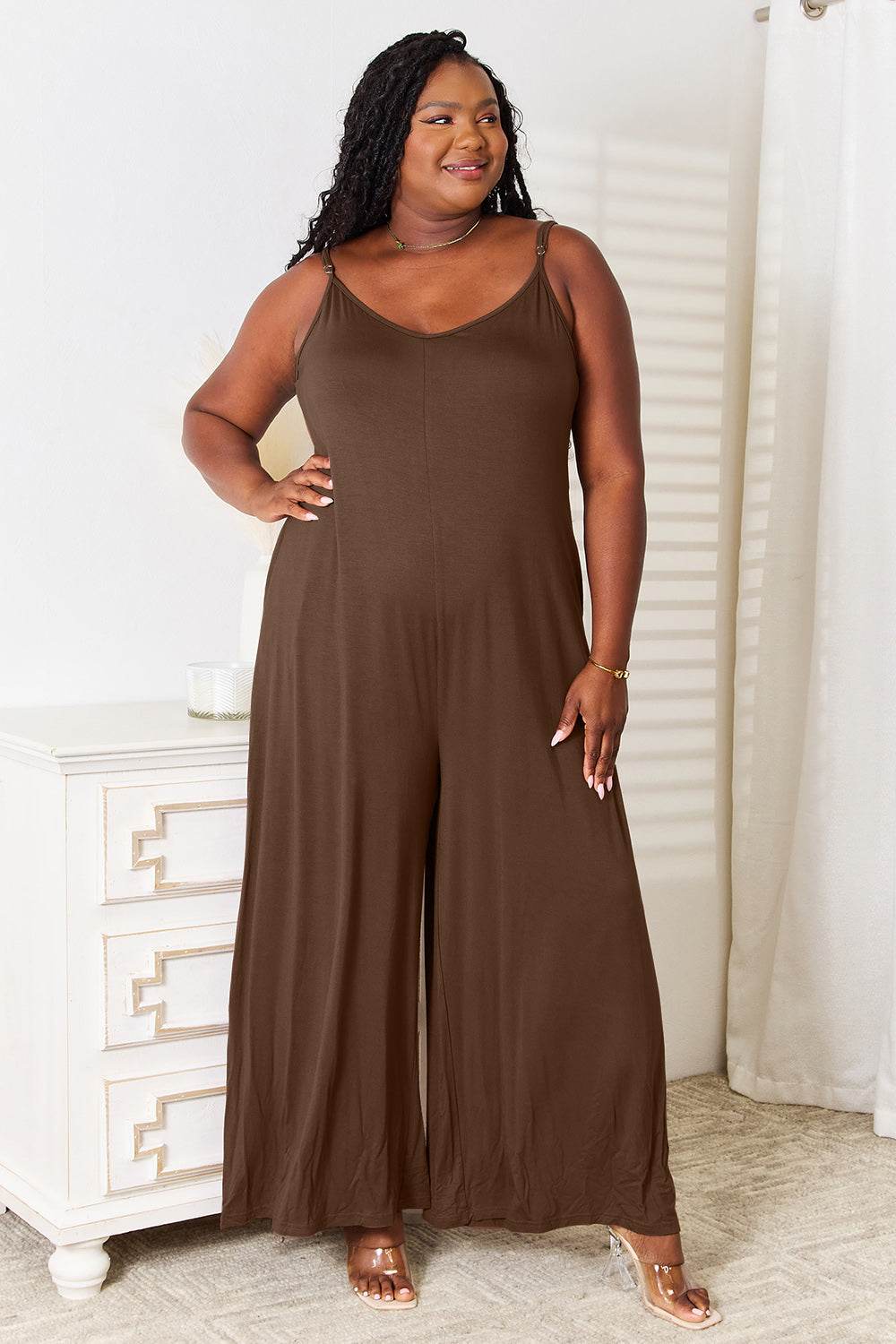 Double Take Full Size Soft Rayon Spaghetti Strap Tied Wide Leg Jumpsuit - Shop Style & More | Fresh Looks, Everyday Deals & Free Shipping