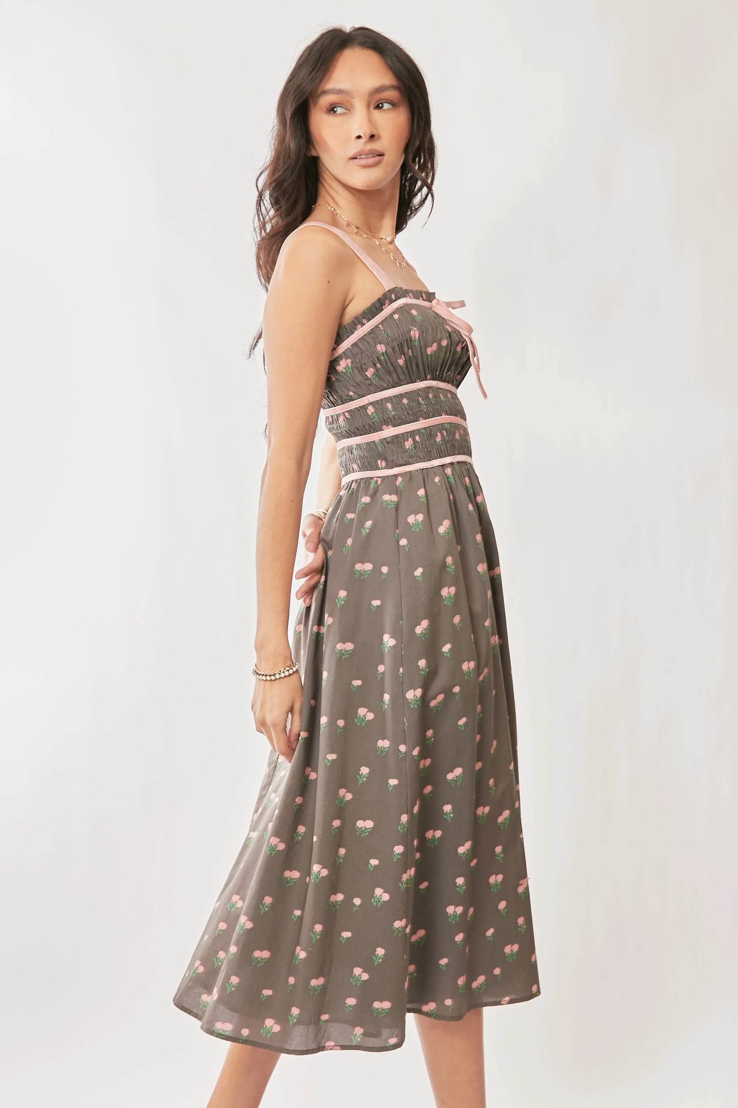 Davi & Dani Contrast Velvet Tape Smocking Bodice Midi Dress - Shop Style & More | Fresh Looks, Everyday Deals & Free Shipping
