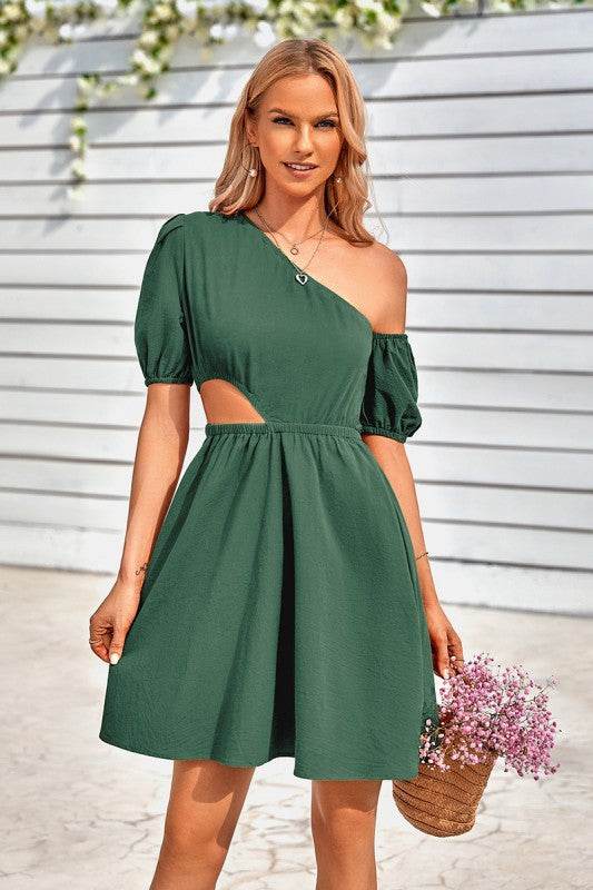 One Shoulder Puff Sleeve Fit Flare Short Dress - Shop Style & More | Fresh Looks, Everyday Deals & Free Shipping