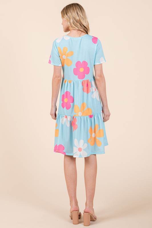 BOMBOM Floral Round Neck Short Sleeve Tiered Dress - Shop Style & More | Fresh Looks, Everyday Deals & Free Shipping