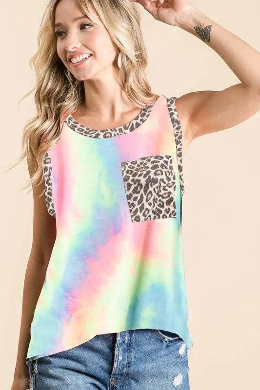 BiBi Sleeveless Tie Dye Top With Leopard Band - Shop Style & More | Fresh Looks, Everyday Deals & Free Shipping