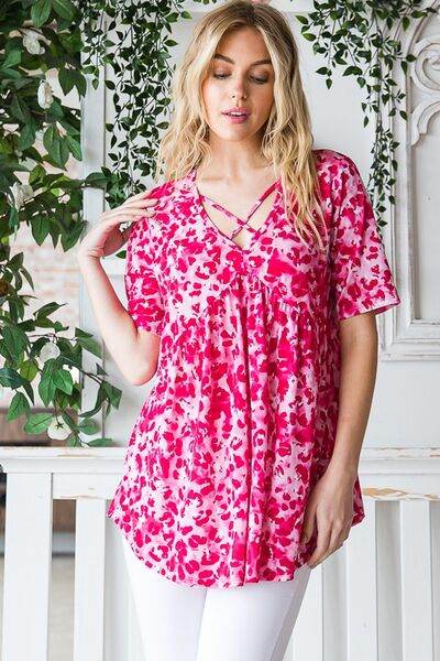 Heimish Full Size Short Sleeve Crisscross Animal Babydoll Top Plus Size - Shop Style & More | Fresh Looks, Everyday Deals & Free Shipping