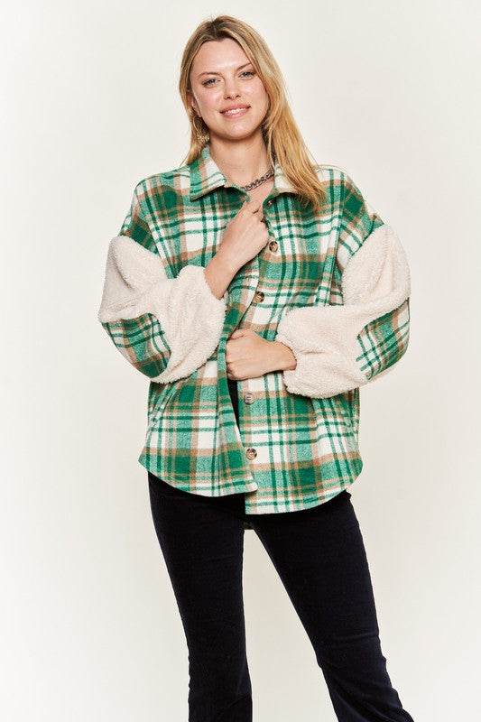 Multi plaid fuzzy sleeve jacket JJO1023 - Shop Style & More | Fresh Looks, Everyday Deals & Free Shipping