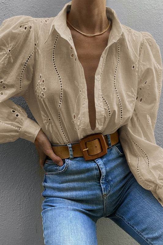 Hollow Out Solid Button Puff Sleeves Blouse - Shop Style & More | Fresh Looks, Everyday Deals & Free Shipping