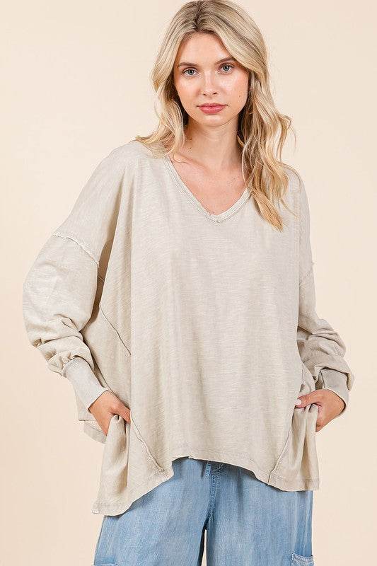 Mittoshop Mineral Wash V-Neck Long Sleeve Oversized Top - Shop Style & More | Fresh Looks, Everyday Deals & Free Shipping