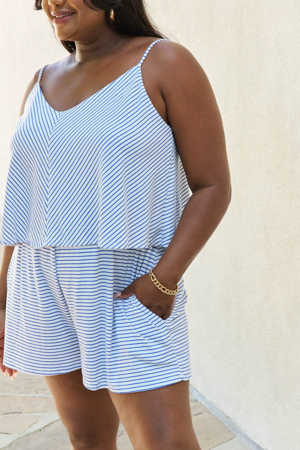 Culture Code Let It Happen Full Size Double Flare Striped Romper in Cobalt Blue - Shop Style & More | Fresh Looks, Everyday Deals & Free Shipping