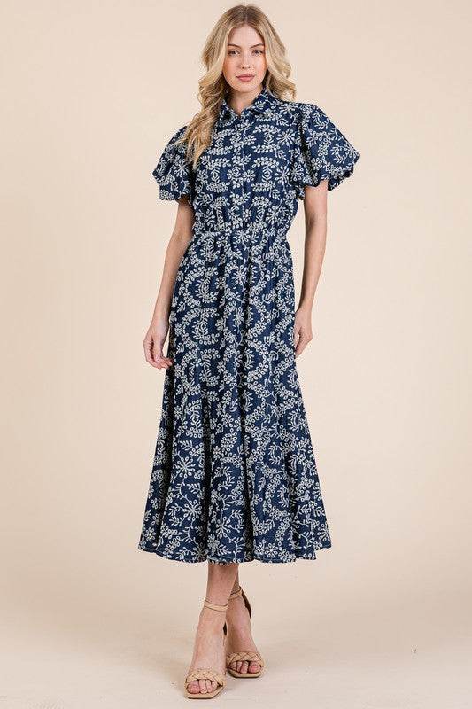 GeeGee Natural Leaf Pattern Eyelet Lace Puff Sleeve Dress - Shop Style & More | Fresh Looks, Everyday Deals & Free Shipping