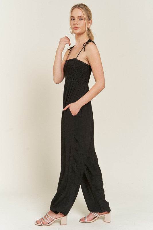 SMOCKED TIE STRAP JUMPSUIT - Shop Style & More | Fresh Looks, Everyday Deals & Free Shipping