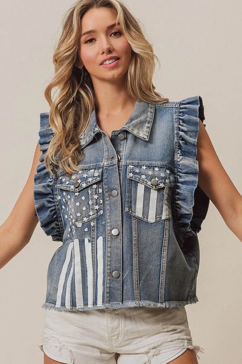 BiBi American Flag Washed Denim Jacket - Shop Style & More | Fresh Looks, Everyday Deals & Free Shipping