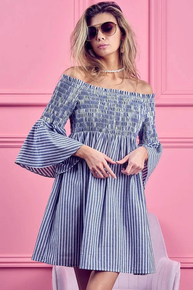 BiBi Smocked Off Shoulder Striped Dress - Shop Style & More | Fresh Looks, Everyday Deals & Free Shipping
