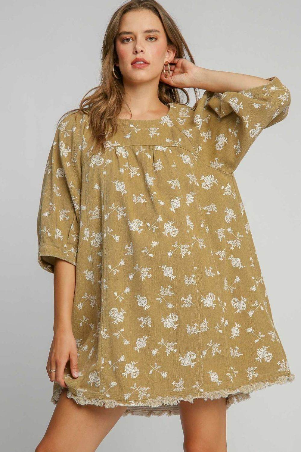 Umgee Raw Hem Floral Print Round Neck Denim Dress - Shop Style & More | Fresh Looks, Everyday Deals & Free Shipping