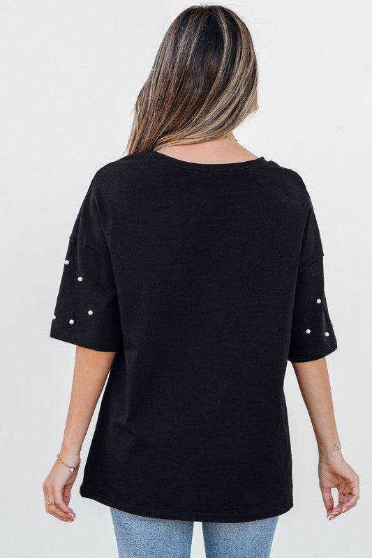Demi Pearl Beaded Drop Shoulder Crewneck Top - Shop Style & More | Fresh Looks, Everyday Deals & Free Shipping