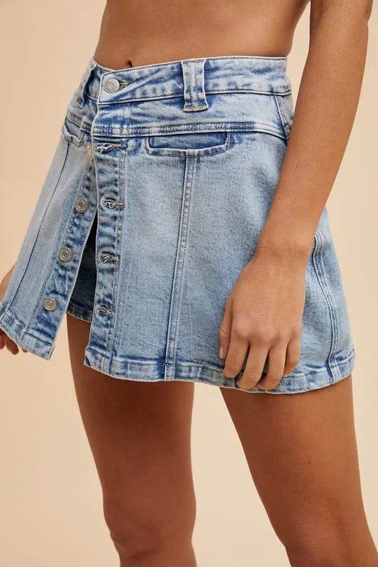 Annie Wear Button Detail Stretch Denim Wrap Mini Skort - Shop Style & More | Fresh Looks, Everyday Deals & Free Shipping