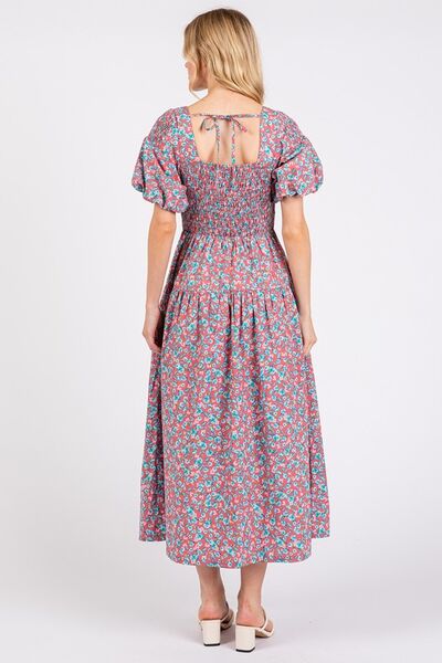 Mittoshop Smocked Floral Square Neck Puff Sleeve Midi Dress Casual Dresses
