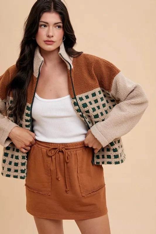 Annie Wear Plaid Zip Up Drop Shoulder Sherpa Jacket - Shop Style & More | Fresh Looks, Everyday Deals & Free Shipping