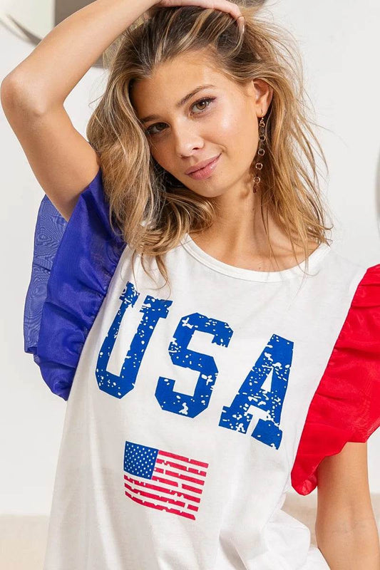 BiBi USA Theme Color Block Organza Ruffle Sleeve Top - Shop Style & More | Fresh Looks, Everyday Deals & Free Shipping
