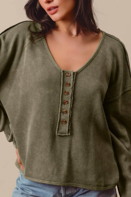 SO ME Frayed Cut Mineral Washed Deep V Neck Waffle Top - Shop Style & More | Fresh Looks, Everyday Deals & Free Shipping