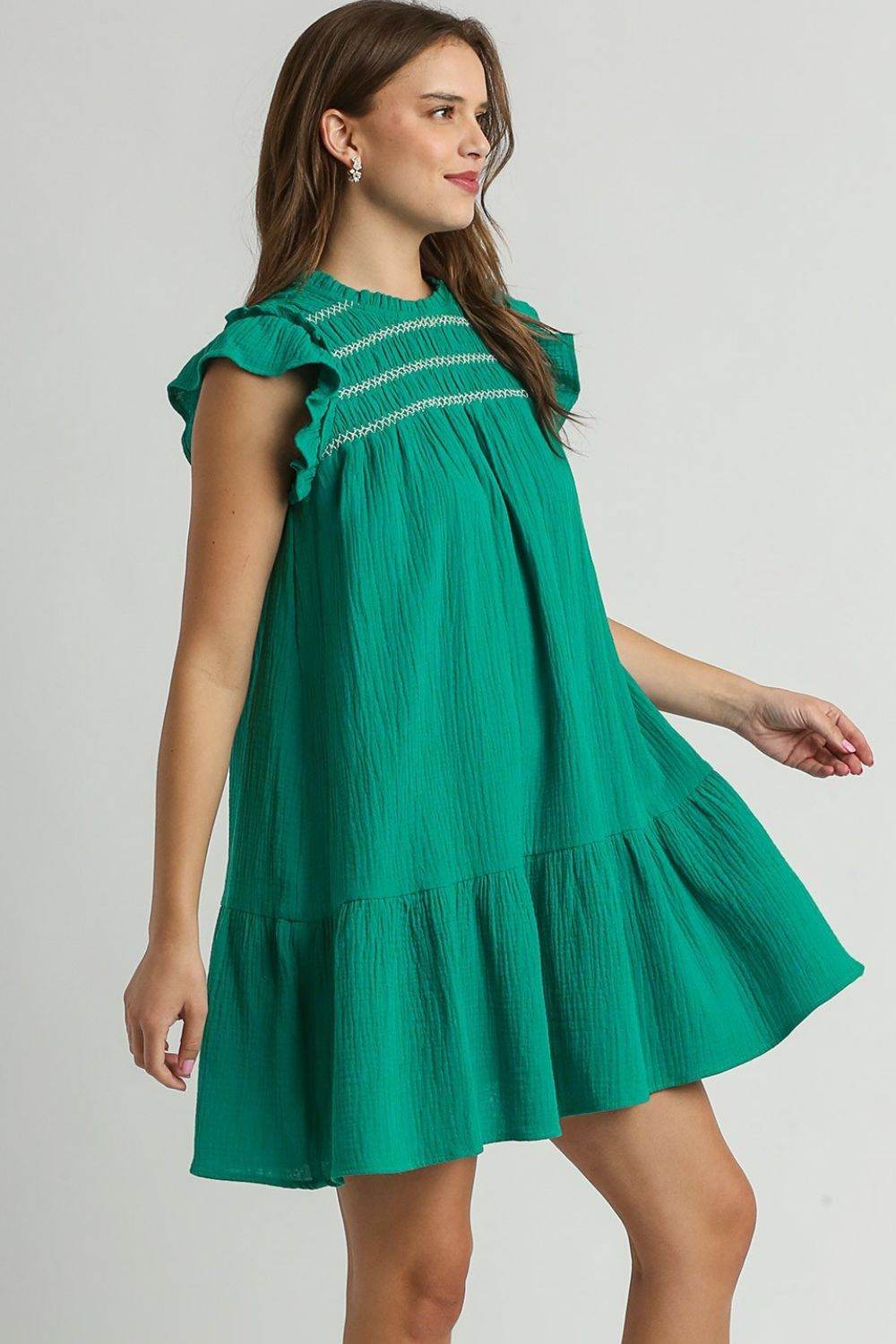 Umgee Full Size Smocked Contrast Stitching Ruffle Cap Sleeve Round Neck Dress Plus Size - Shop Style & More | Fresh Looks, Everyday Deals & Free Shipping