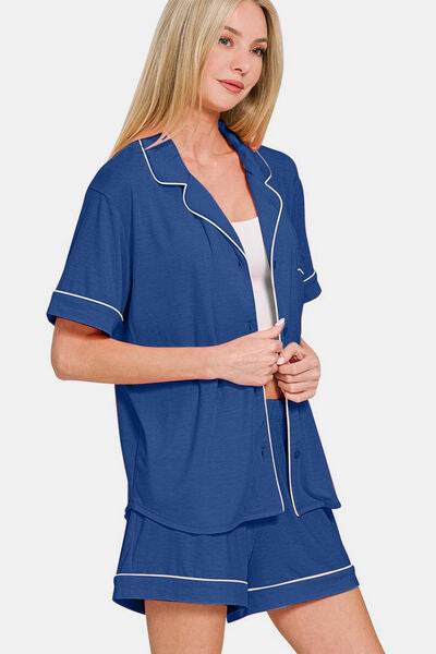 Zenana Button Down Short Sleeve Top and Shorts Lounge Set - Shop Style & More | Fresh Looks, Everyday Deals & Free Shipping