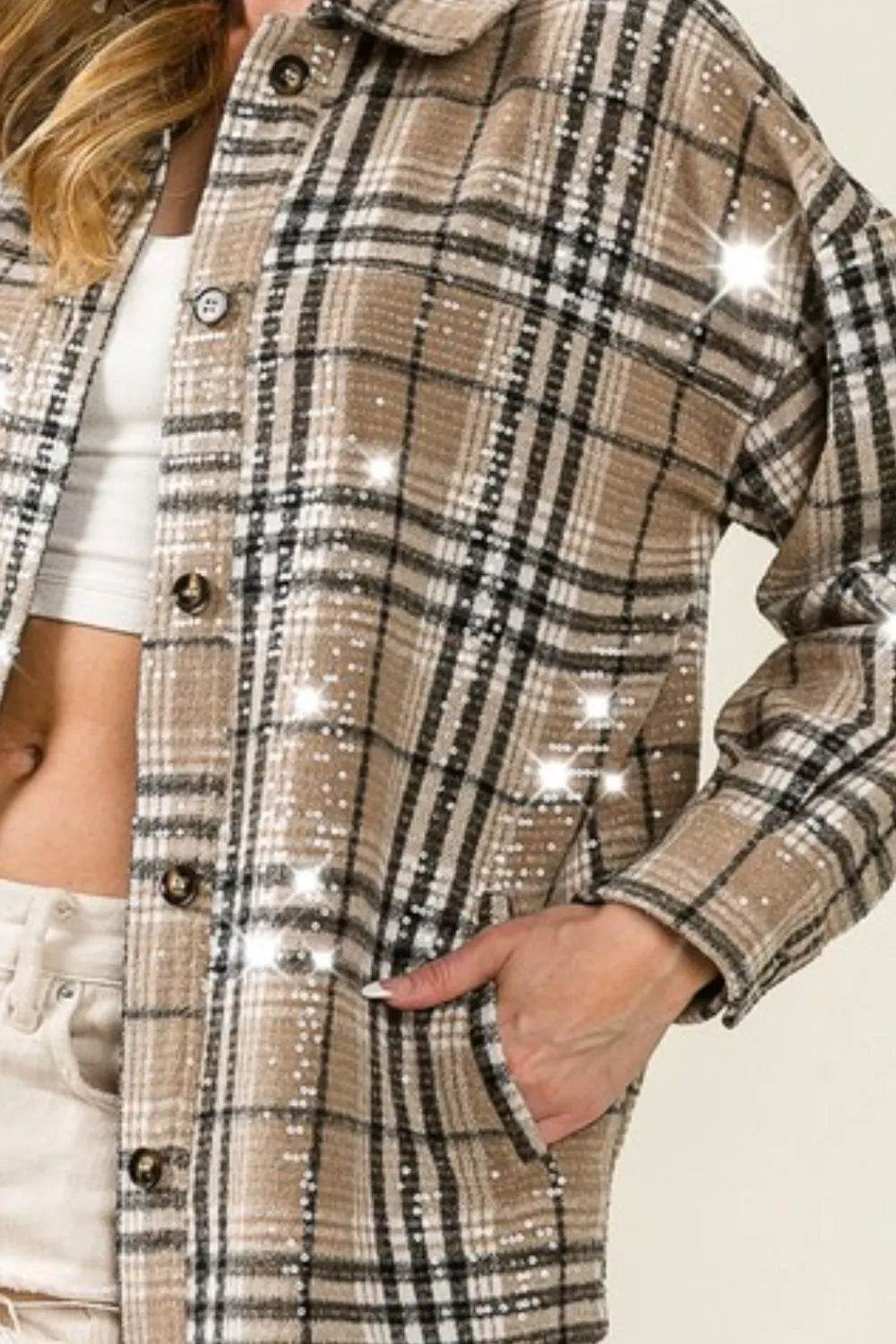 BiBi Allover Clear Sequins Vintage Plaid Jacket - Shop Style & More | Fresh Looks, Everyday Deals & Free Shipping