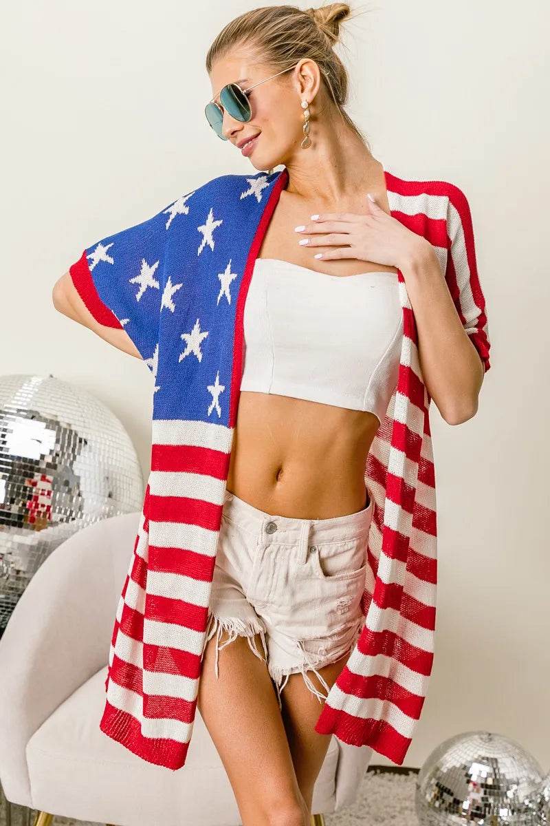 BiBi American Flag Low Gauge Knit Cardigan - Shop Style & More | Fresh Looks, Everyday Deals & Free Shipping